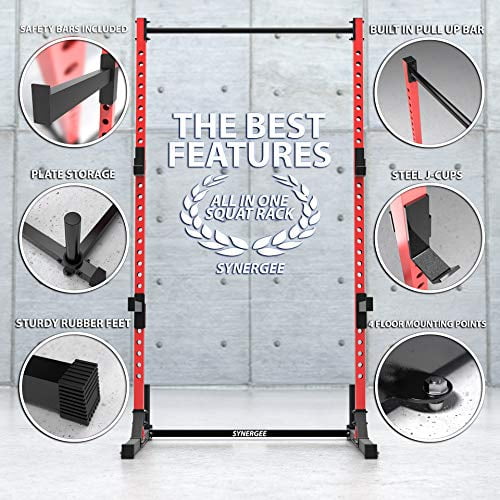 Synergee Squat Stand Rack V1 with Pull Up Bar, J-Cups & Safety Arms. Free Standing Strength & Bodyweight Exercise Stand with 500lb Capacity