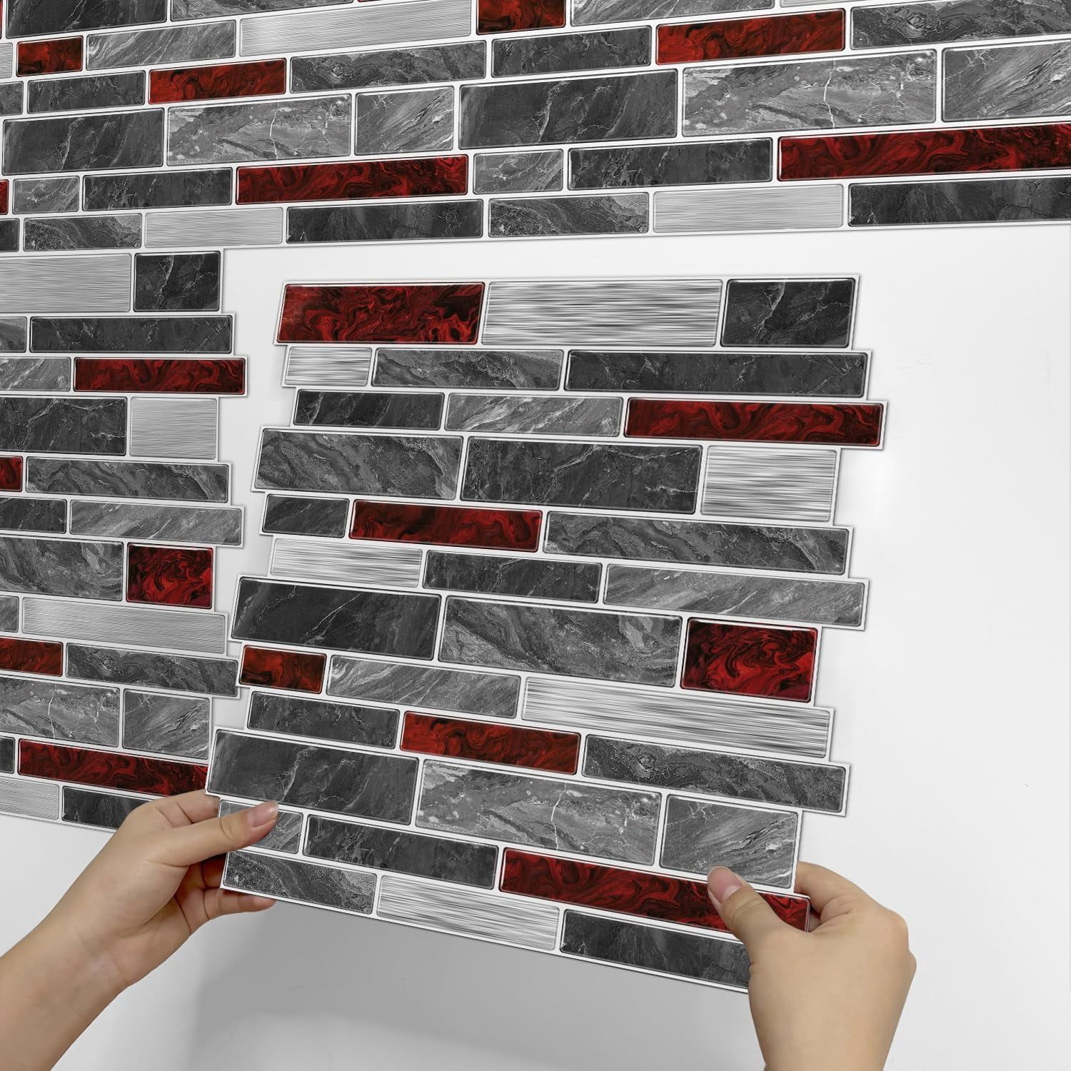 10 Sheets 12" x12inch Black and Red Marble Effect Vinyl Tiles, Backsplash, Self-Adhesive Peel and Stick Wall Tile Stickers, Stick on Subway Tiles for Kitchen Bathroom Wall Decor