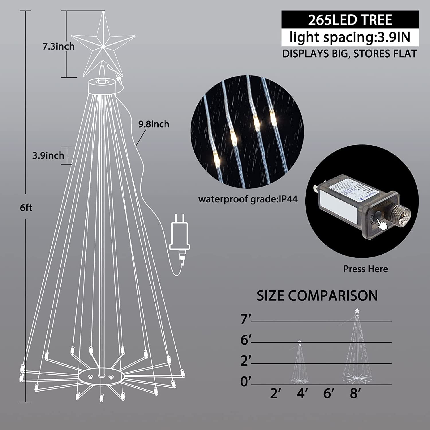 Smart Christmas Cone Tree LED Light, 6Ft 265 LED Music Sync with