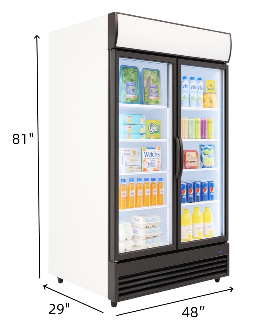 NSF Commercial Two Door Merchandiser Refrigerator in White,  48" x 29" x 81", 35 cu. ft.,