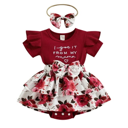 

Babibeauty Infant Newborn Baby Girl Outfits I got it from my mama Letter Print Romper Tops + Floral Skirts + Headband 3PCS Clothes Set