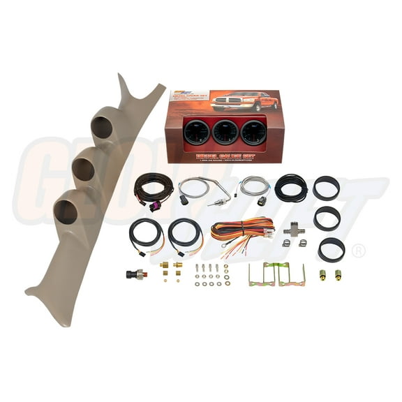 GlowShift | 1999-2007 Ford Super Duty 6.0 Powerstroke & 7.3 Powerstroke Tan Triple Pillar Pod with Tinted 7 Color Series 60 PSI Boost Gauge, 1500 Pyrometer EGT Gauge & 100 PSI Fuel Pressure Gauge