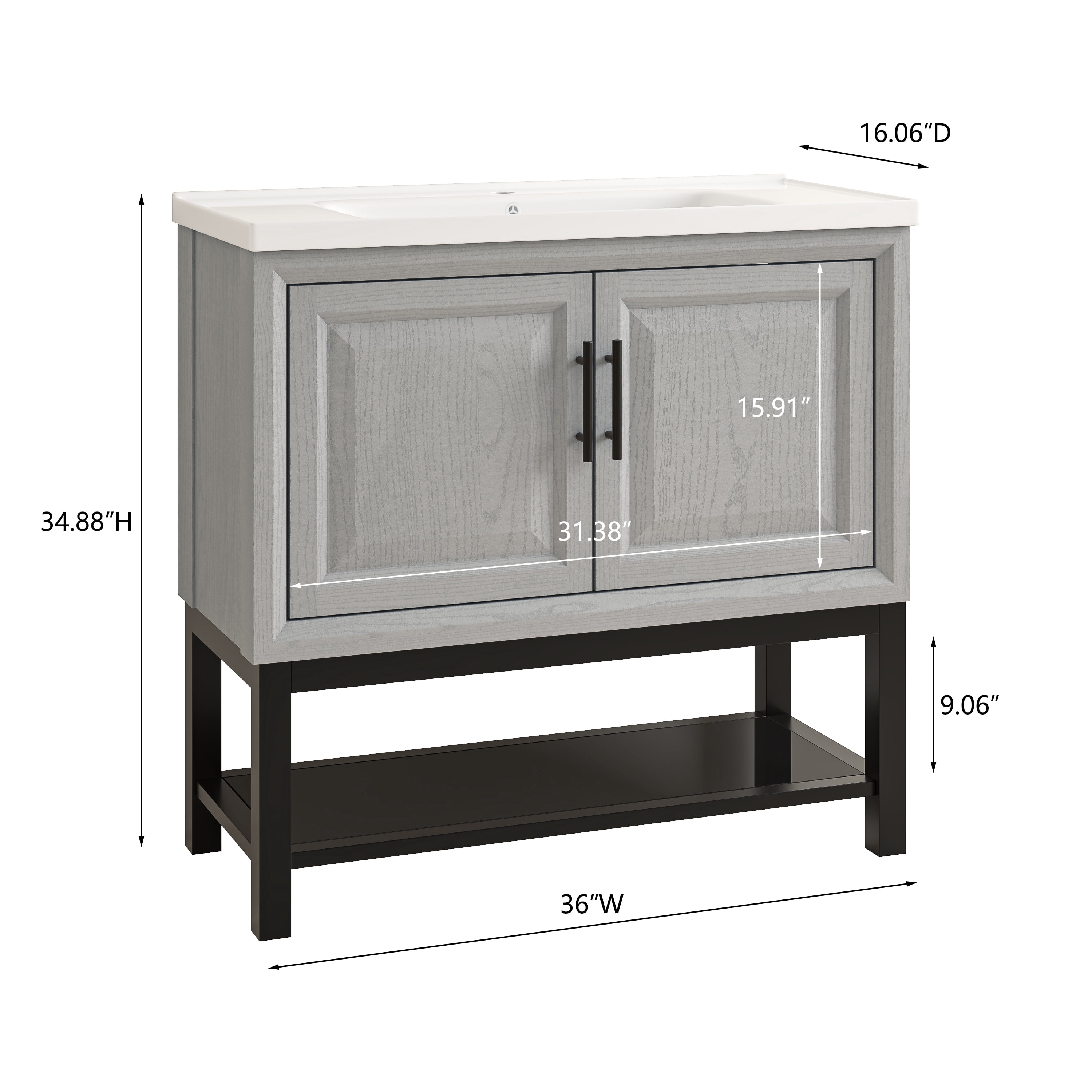 JoyRiver 36" Freestanding Bathroom Vanity with Ceramic Basin, Double-Door Storage & GRC Moisture-Resistant Material – No Faucet, Grey