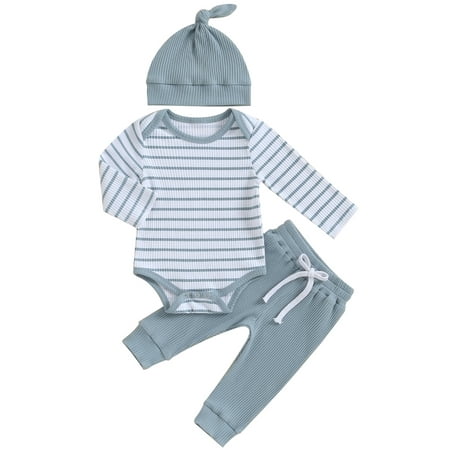 

Newborn Baby Girls Boys Striped Outfits Set Long Sleeve Striped Romper with Pants and Hat 3pcs Suit