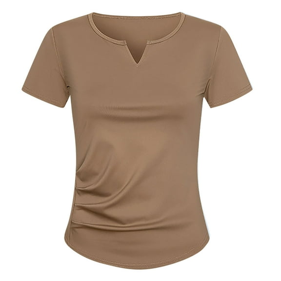 DeHolifer Women's T-Shirts Summer V-Neck Solid Color Casual Lightweight Short Sleeve Pleated T-Shirts Coffee S
