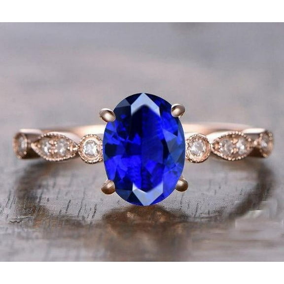 1.75 Carat 8x6mm Oval Cut Blue Sapphire And Moissanite Diamond Engagement Ring in 10k Rose Gold