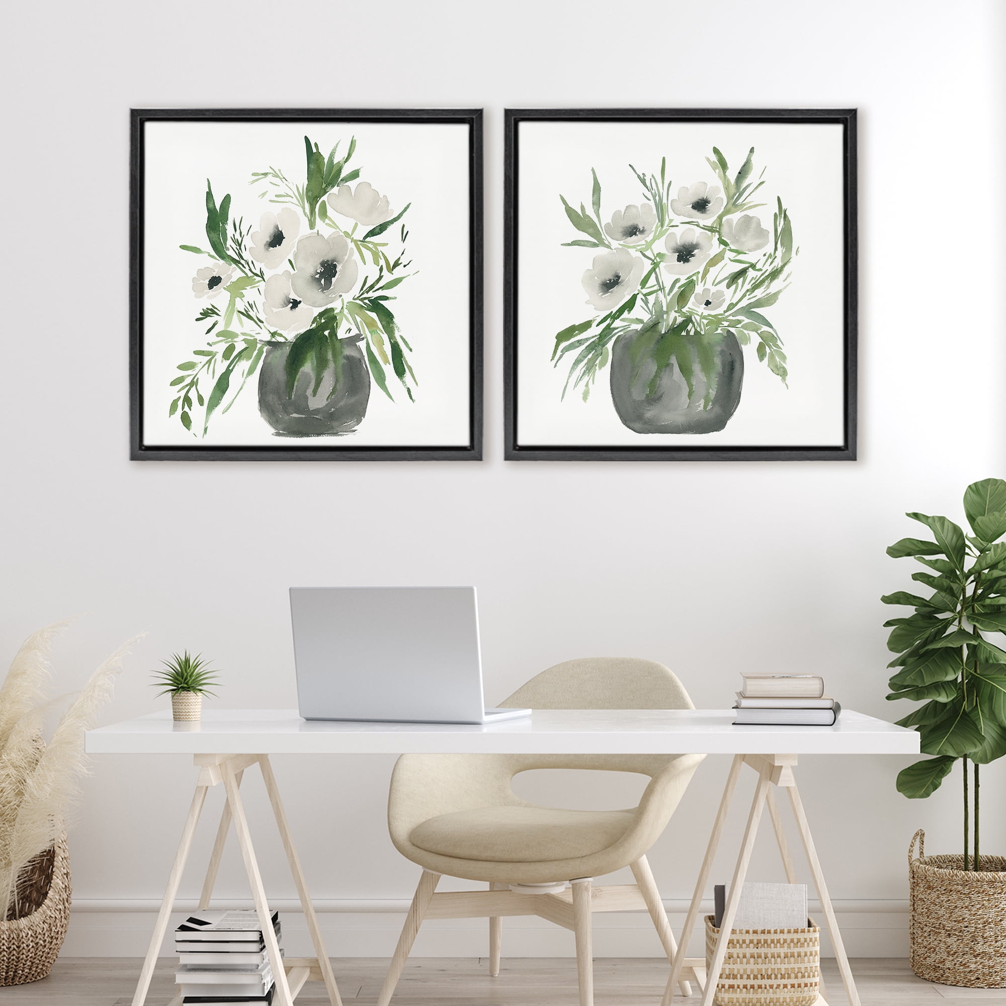 Stupell Industries White Anemone Vases 2 Piece Black Framed Floater Canvas Set, design by Lucille Price