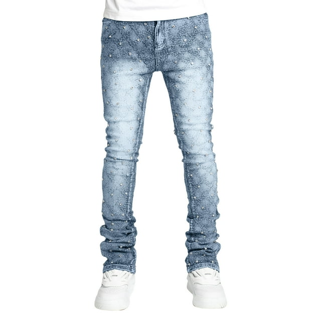Gupgi Jeans for Men Skinny Rhinestone Denim Pants Streetwear Slim Fit Trousers with Pockets