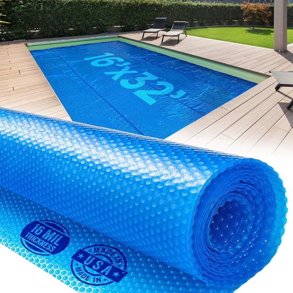 16 x 32 Foot Rectangle Solar Pool Cover for Inground and Above Ground Pools, 16 Mil, Blue - Made in USA