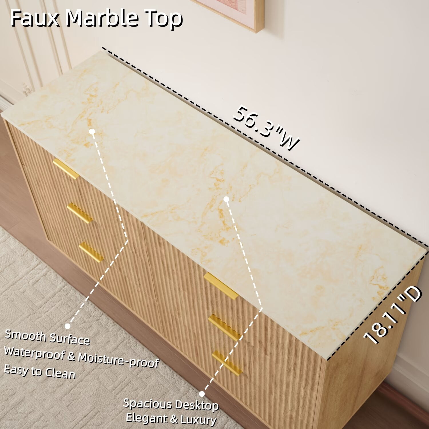 6 Drawers Dresser for Bedroom with Faux Marble Top, Fluted 56" Wide Chest of Drawers,Natural Oak
