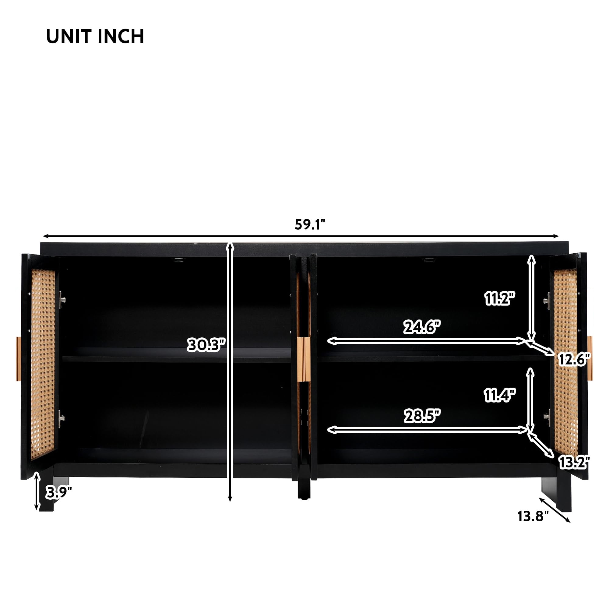 Sideboard Cabinet with 4doors, Buffet Cabinet, Rattan Cabinets with Storage, Living Room