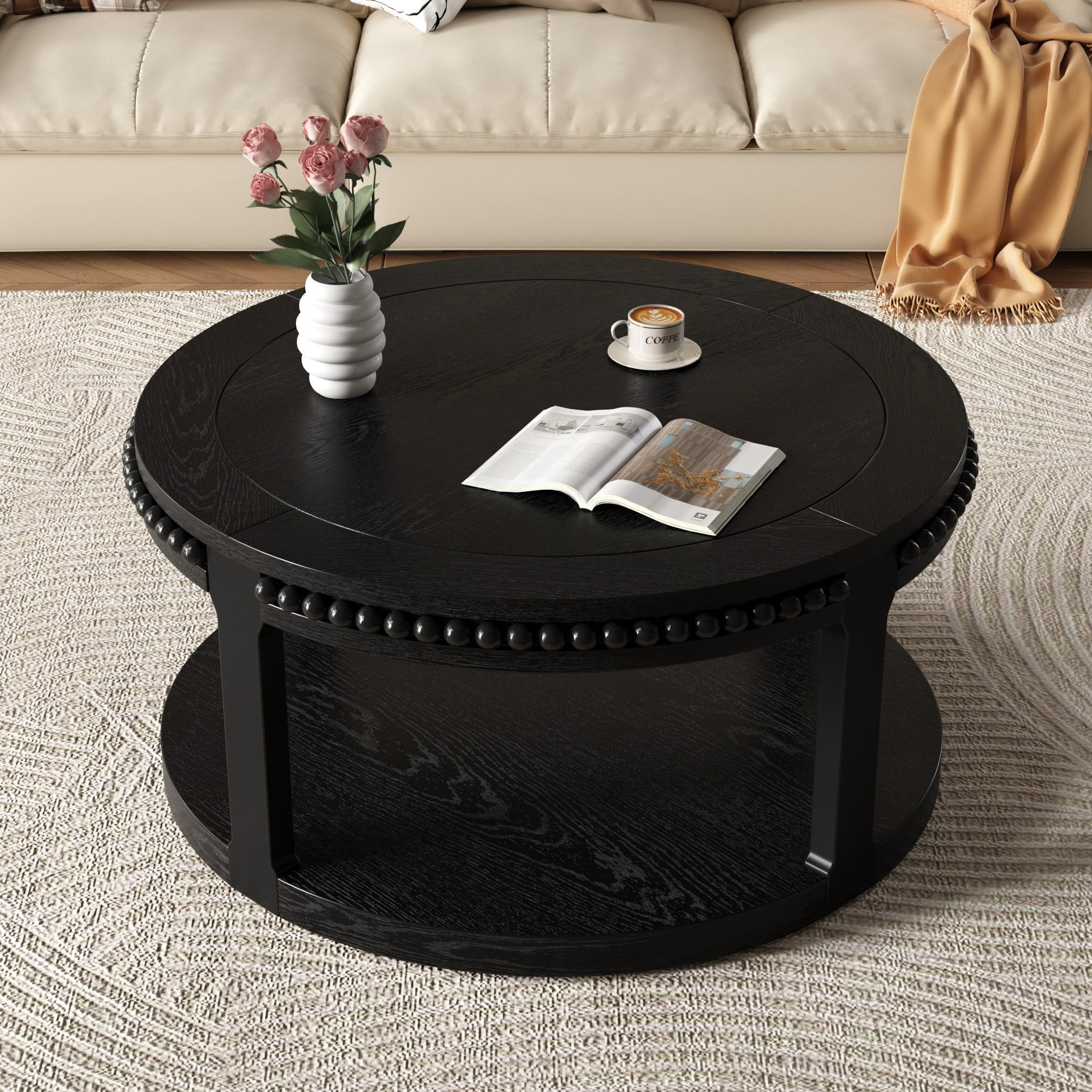 31.5" Round Solid Wood Coffee Table, 2 Tier Wood Coffee Table with Shelf, Modern Center Table for Living Room Sofa Table, Black