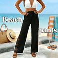 thumbnail image 2 of qolati Wide Leg Pants Women Casual Palazzo Drawstring Elastic Waist Vacation Trousers Side Floral Embroidery Hollow Out Summer Beach Pants Size L, 2 of 9