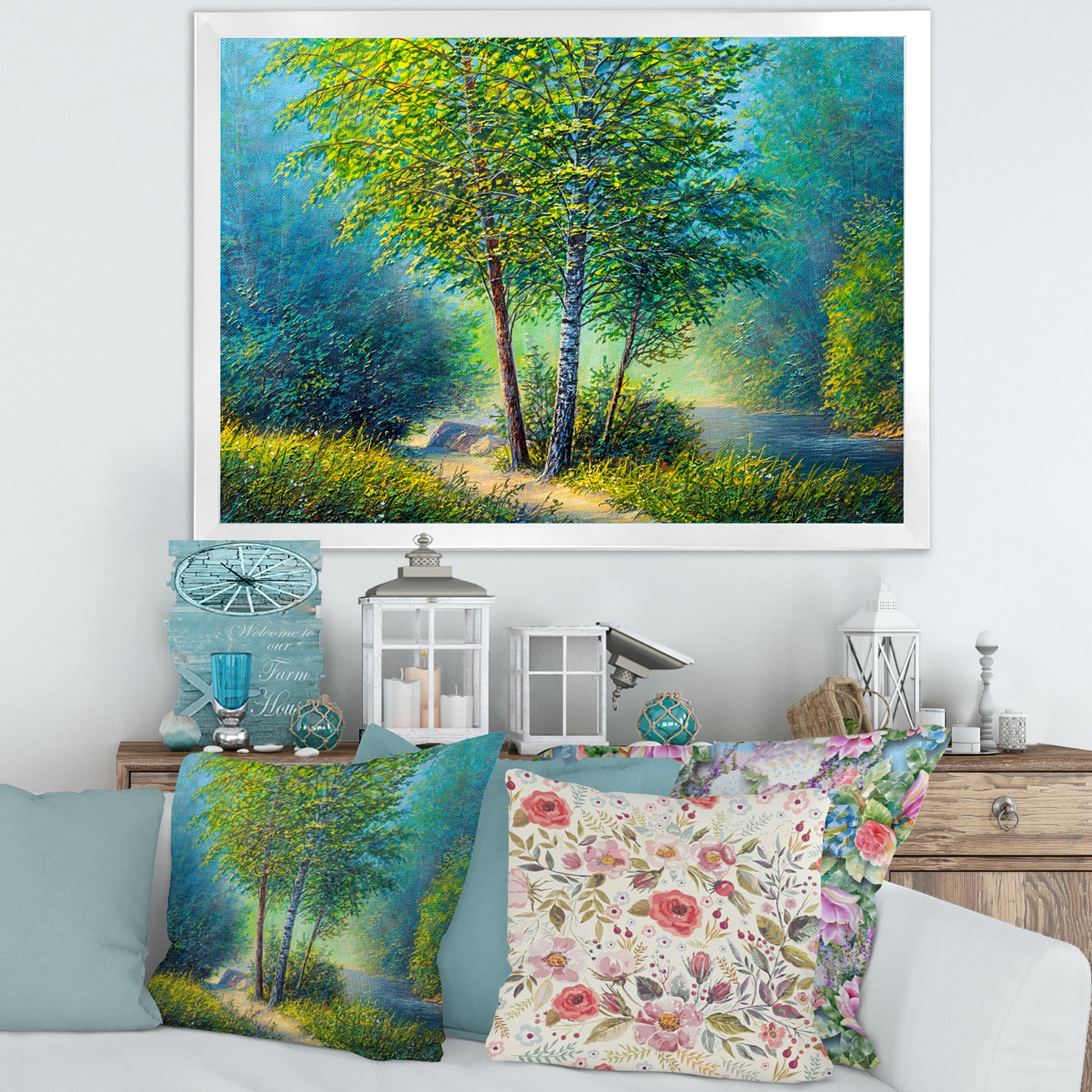 Designart 'Three Vibrant Green Trees By The River' Lake House Framed Art Print