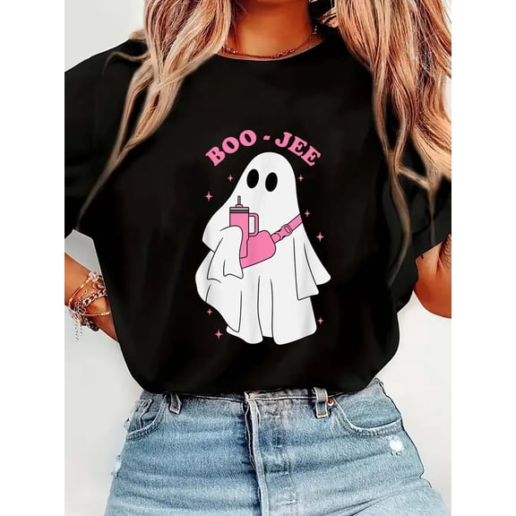 Funny Boo-Jee Ghost halloween boo jee ghost spooky seasonCrew Neck Graphic Tee Cotton Women T-Shirt
