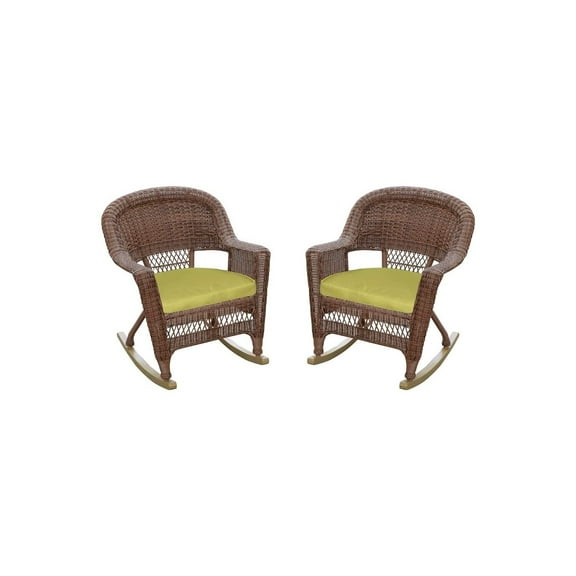 Jeco Black Rocker Wicker Chair with Sage Green Cushion - Set of 2-Finish:Honey