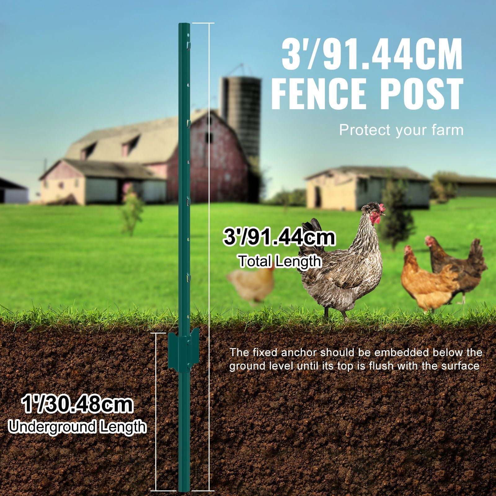 3FT U-Shaped Metal Fence Posts, 2mm Thick Q235 Carbon Steel Powder Coated Fence Stakes with Anchor Plates, Pack of 10 for Garden Yard Farm Vegetable Plot Outdoor Fencing Support