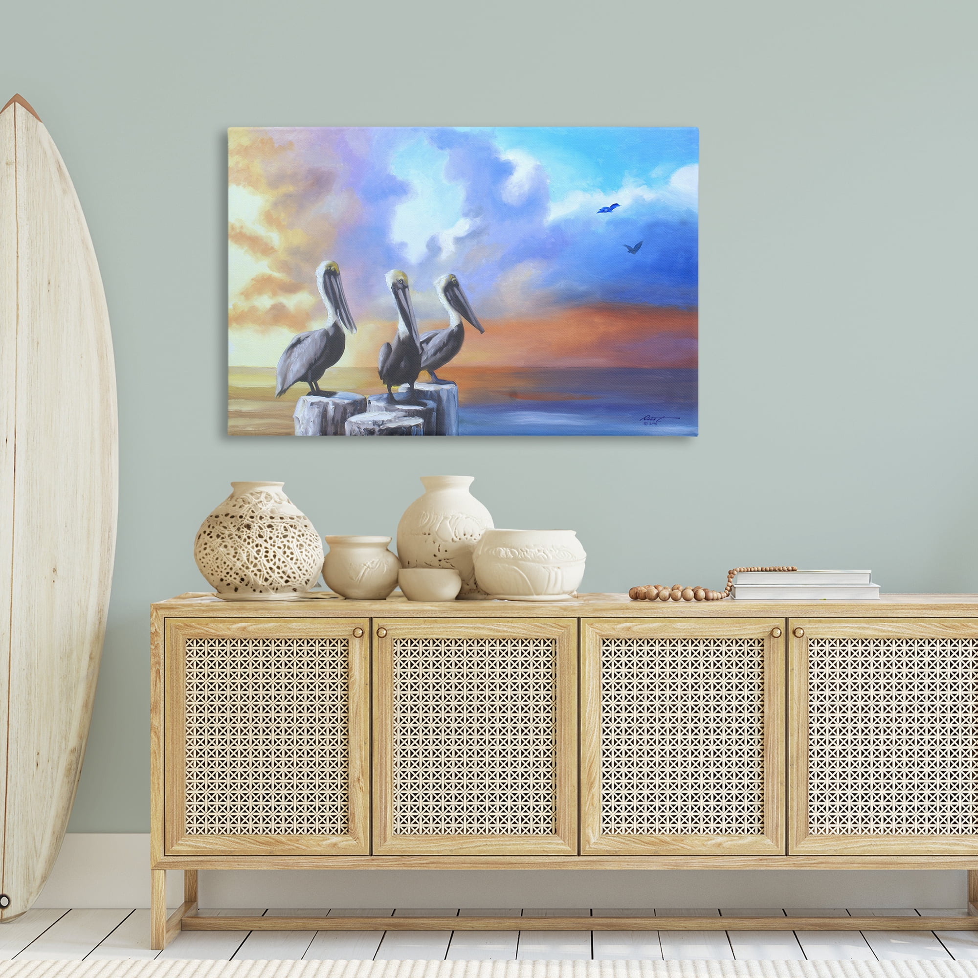 Stupell Industries Vivid Pelican Trio Landscape Painting Gallery Wrapped Canvas Art Print Wall Art, 45 x 30