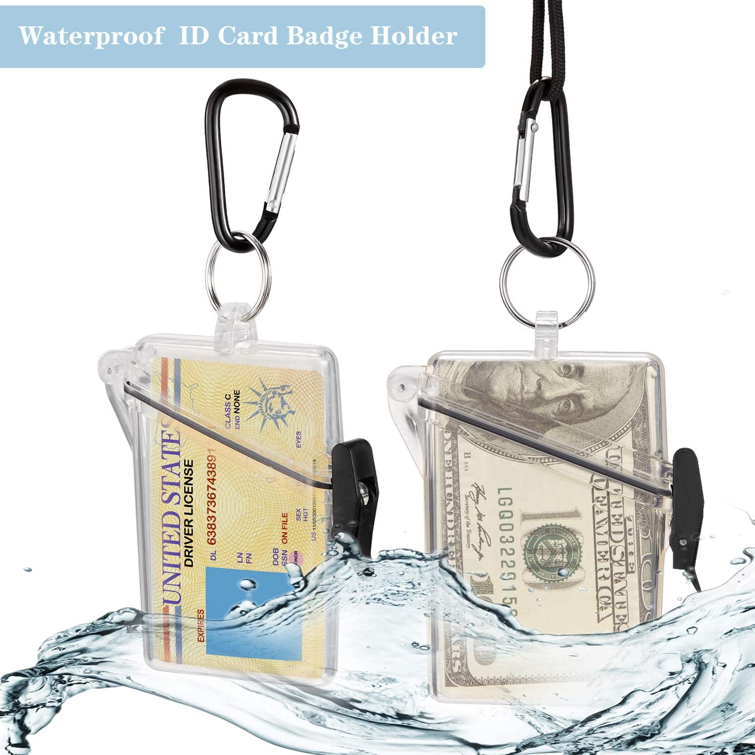 3 Pack Waterproof ID Badge Holder Case Waterproof Clear Vertical ID Card Holder with Lanyard Carabiner and Keychain