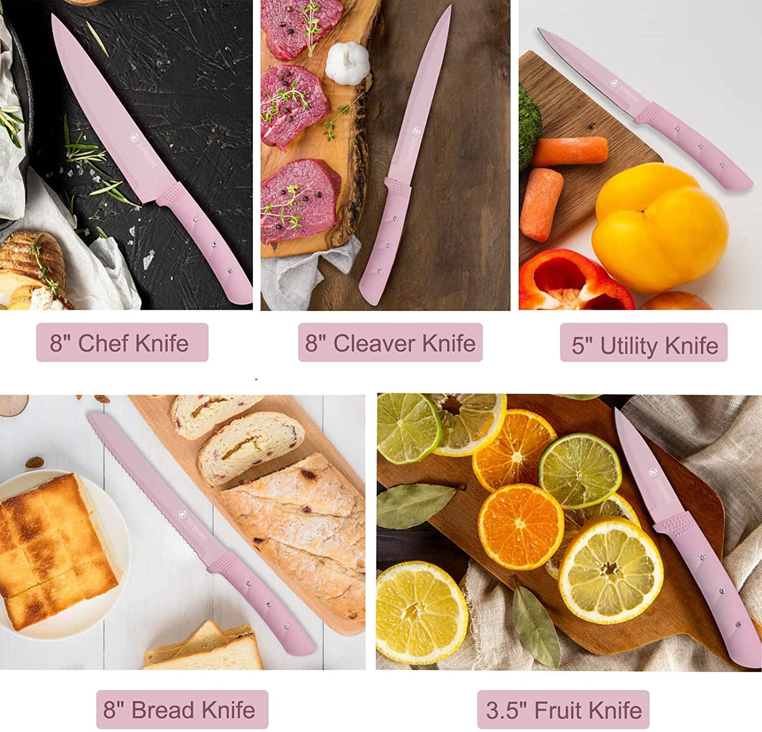 Kitchen Knife Set, Retrosohoo 9 PC Pink Wheat Straw Sharp Cooking Knife Set  with Acrylic Stand, Stainless Steel Non-stick Chef with Comfortable Handle