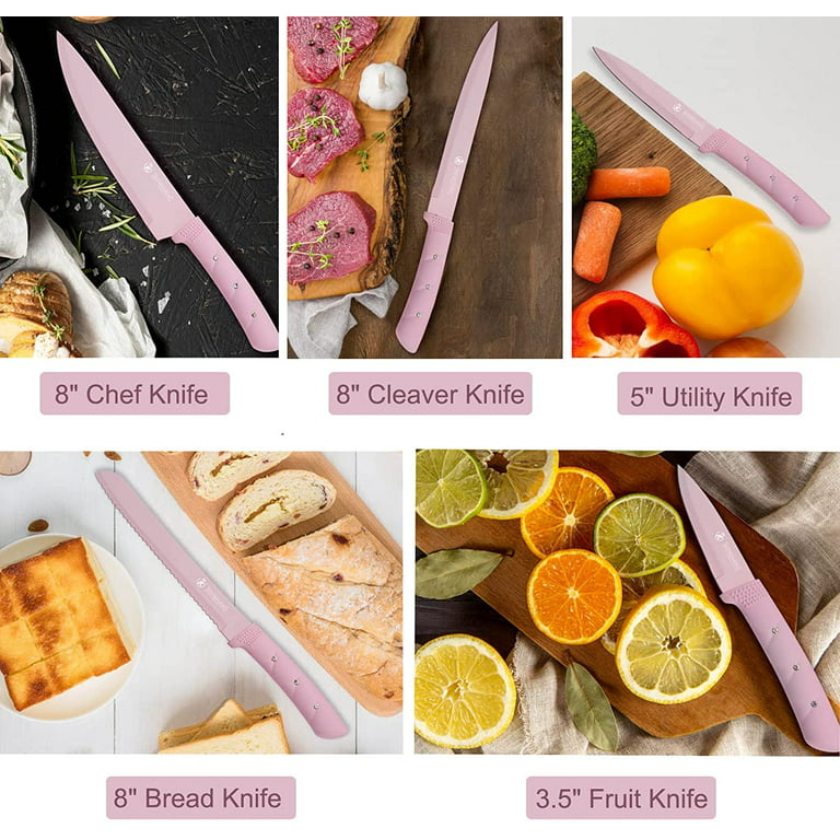 Kitchen Knife Set, 6 Pieces Pink Stainless Steel Sharp Cooking Knife Set  with Acrylic Stand, Non-stick Coating Pink Flower Block Knife Set with Gift