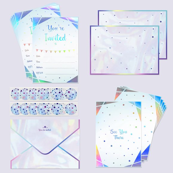 Ensemble d'Invitation de Célébration Iridescente - 12 Cartes Holographiques pour Anniversaire, Mariage, Douche Nuptiale, Remise de Diplôme, Sweet 16, et Essentiels pour Fête de Célibataire