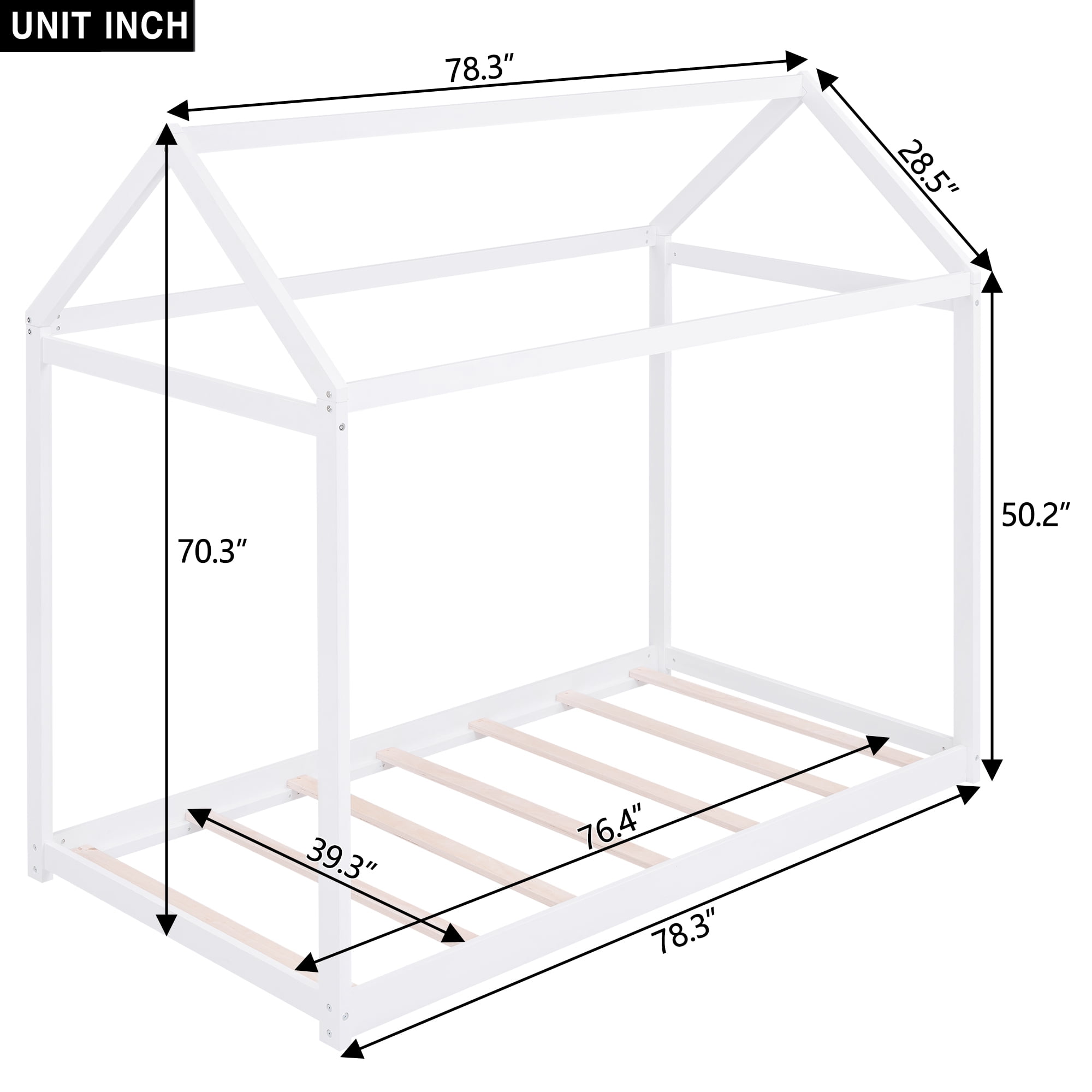 MODERNLUXE Wood Twin Size House Platform Bed, Low Profile Floor Bed, White