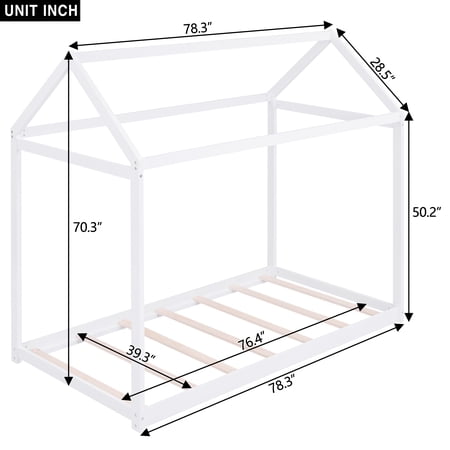 Euroco Twin Wood House Bed Frame with Roof, White