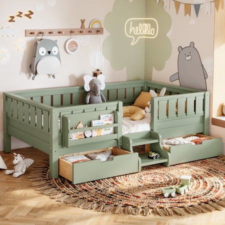 URTR Twin Size Multi Functional Low Floor Bed with Bookshelf and Storage Drawers, Safe Rounded Staircase, Solid Pine Wood, Easy Assembly, Green
