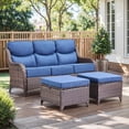 thumbnail image 7 of Planntonneo 3 Pieces Patio Furniture Sets-All Weather Wicker Rattan 3-Seat Sofa Set with 6" Cushion and Multifunctional Ottomans for Deck Backyard, Brown/Blue, 7 of 7