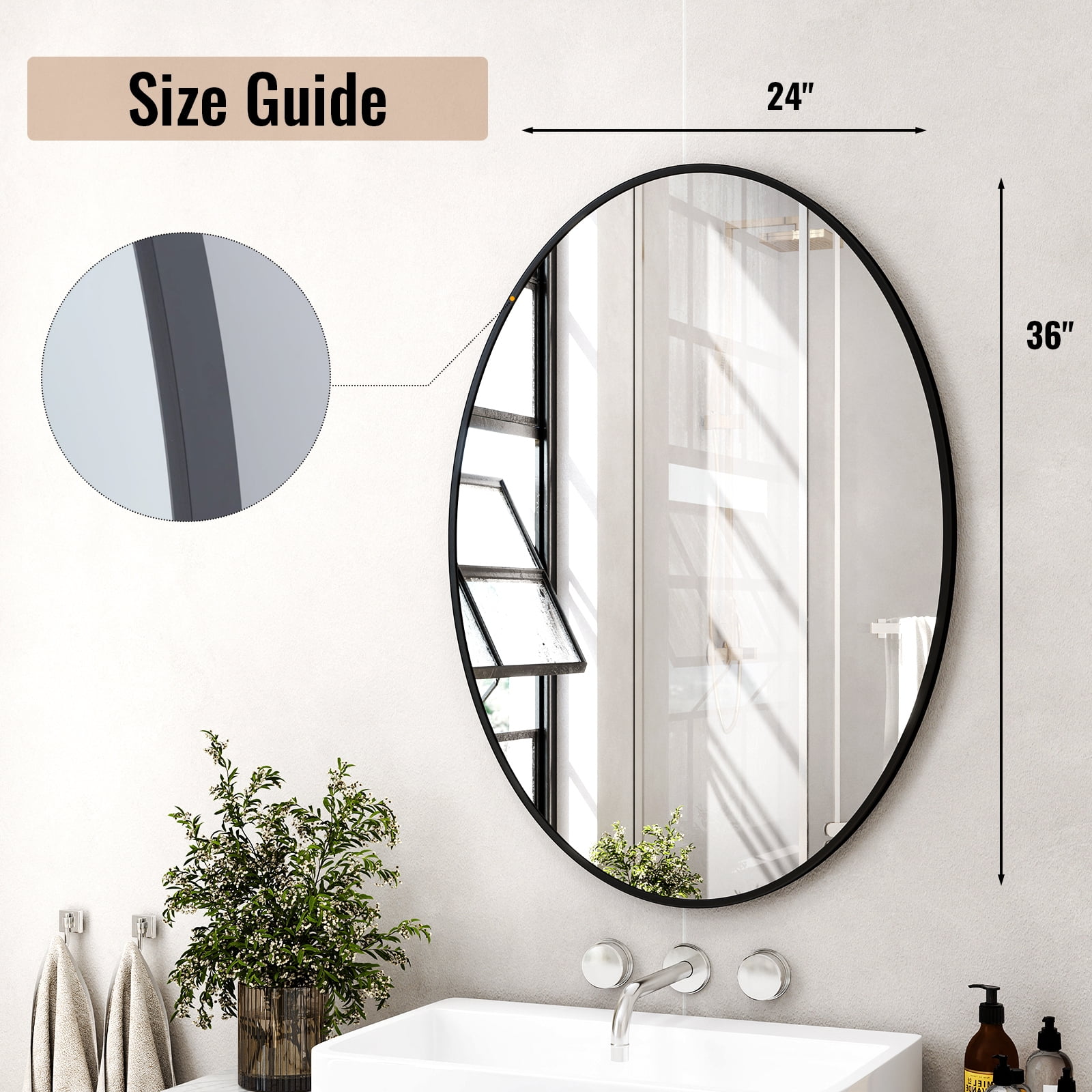 SHATTERVIEW 24"x36" Bathroom Mirror Oval Mirror Wall-Mounted Mirror,Black