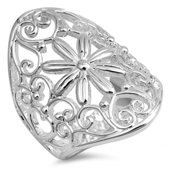 High Polish Flower Filigree Wide Ring .925 Sterling Silver Band Jewelry Female Male Unisex Size 9