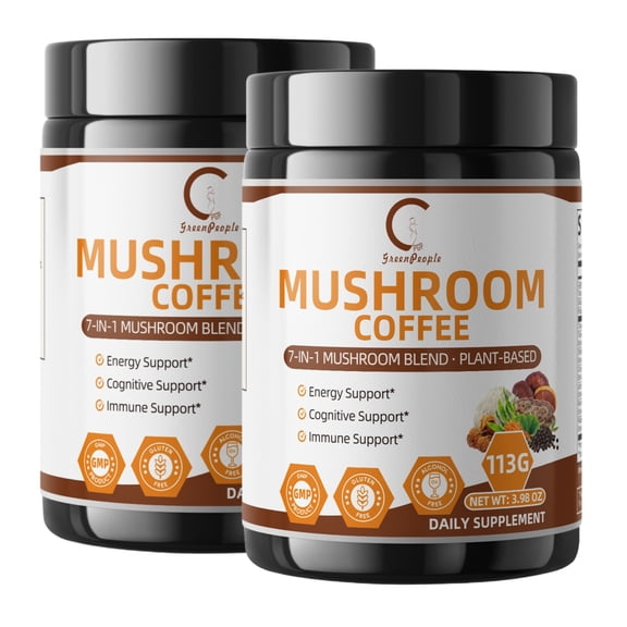 (2 PACK)GPGP Greenpeople Mushroom Coffee Powder Instant, Premium Mushroom Coffee Supplement for Energy, Focus, Cognitive Support, 8oz Total