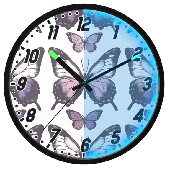 Dailycode Night Light Wall Clock Glow in The Dark 12 inch Battery Operated Silent Luminous Clocks, Purple and White Butterflies