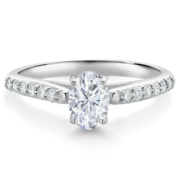 Gem Stone King 10K White Gold White Moissanite and White Lab Grown Diamond Soitaire Engagement Ring for Women (1.08 Cttw, Oval 7X5MM, Gemstone Birthstone, Size 9)