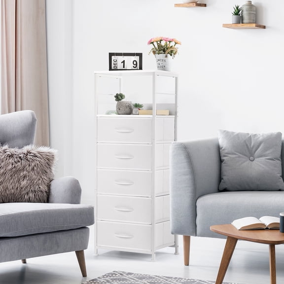 5-Drawer White Dresser, Clothes Organizer Storage Unit – Tall Fabric Dresser with Sturdy Frame & Easy Pull Handle for Bedroom, Living Room, Closet, Entryway, Nursery
