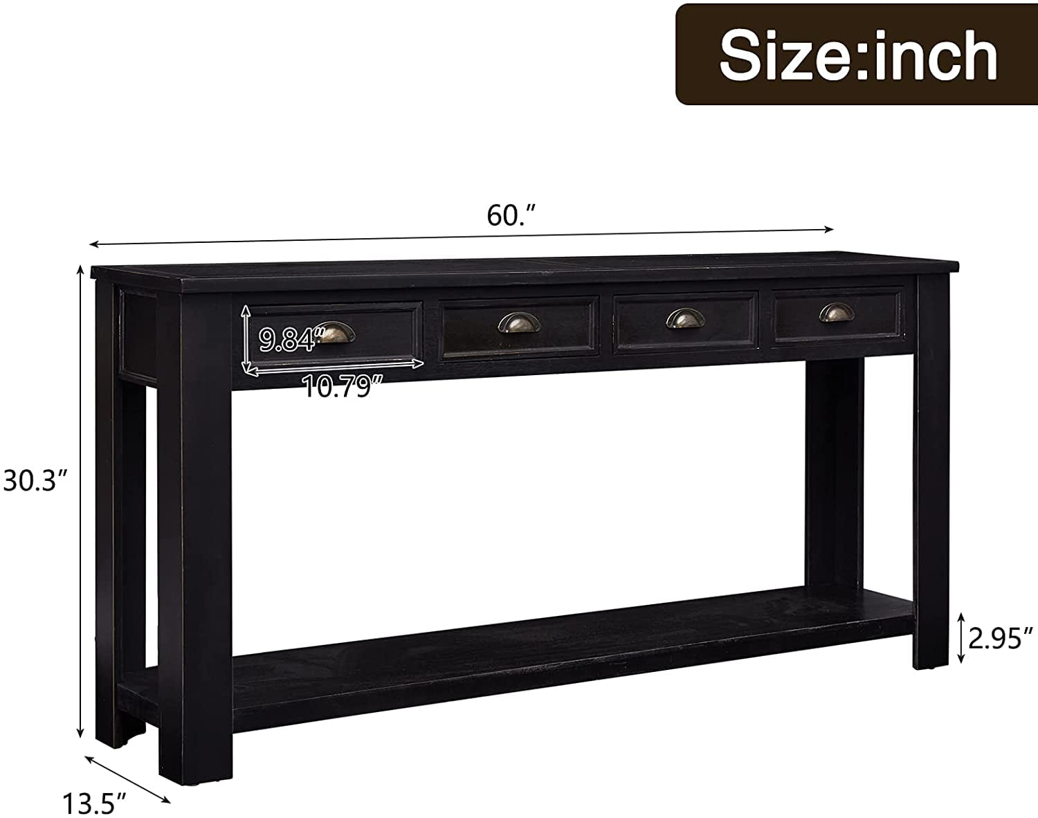 Kinbor 60'' Console Table Entryway Hallway Decoration Drawers Shelf Painted Black Rustic
