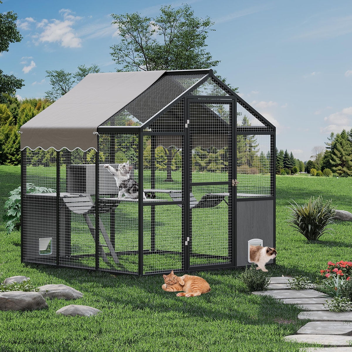 Aluminum Walk-In Large Outdoor Cat Enclosure,Large Outdoor Catio for Multiple Cats,Outside Cattery with Weatherproof Roof with Channels,Side Door,UV Proof Cover,Huge Condo,Platform(ship in 2 boxes)