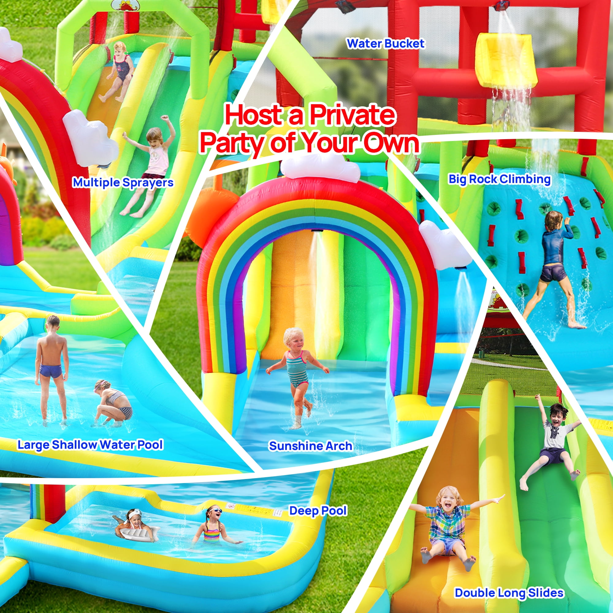 WELLFUNTIME Inflatable Water Slide Park for Kids, Bounce House with Blower, Rainbow Water Curtain, Splash Pool for Backyard