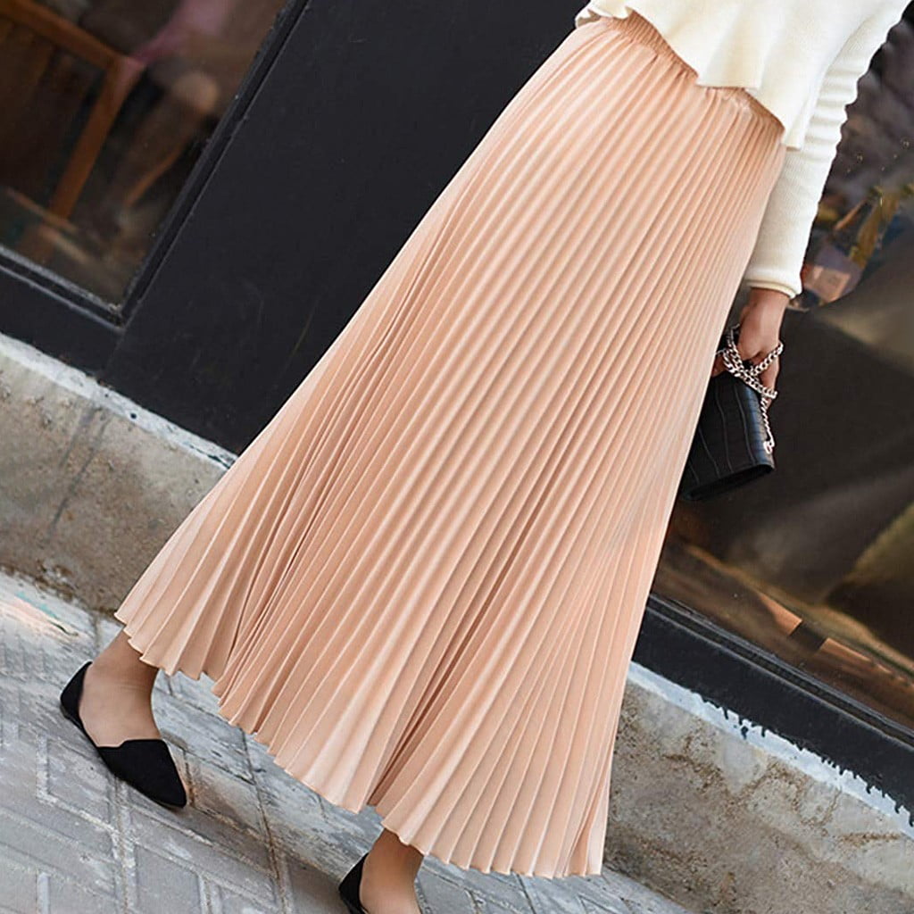 Womens Solid Pleated Elegant Midi Elastic Waist Maxi Skirt 