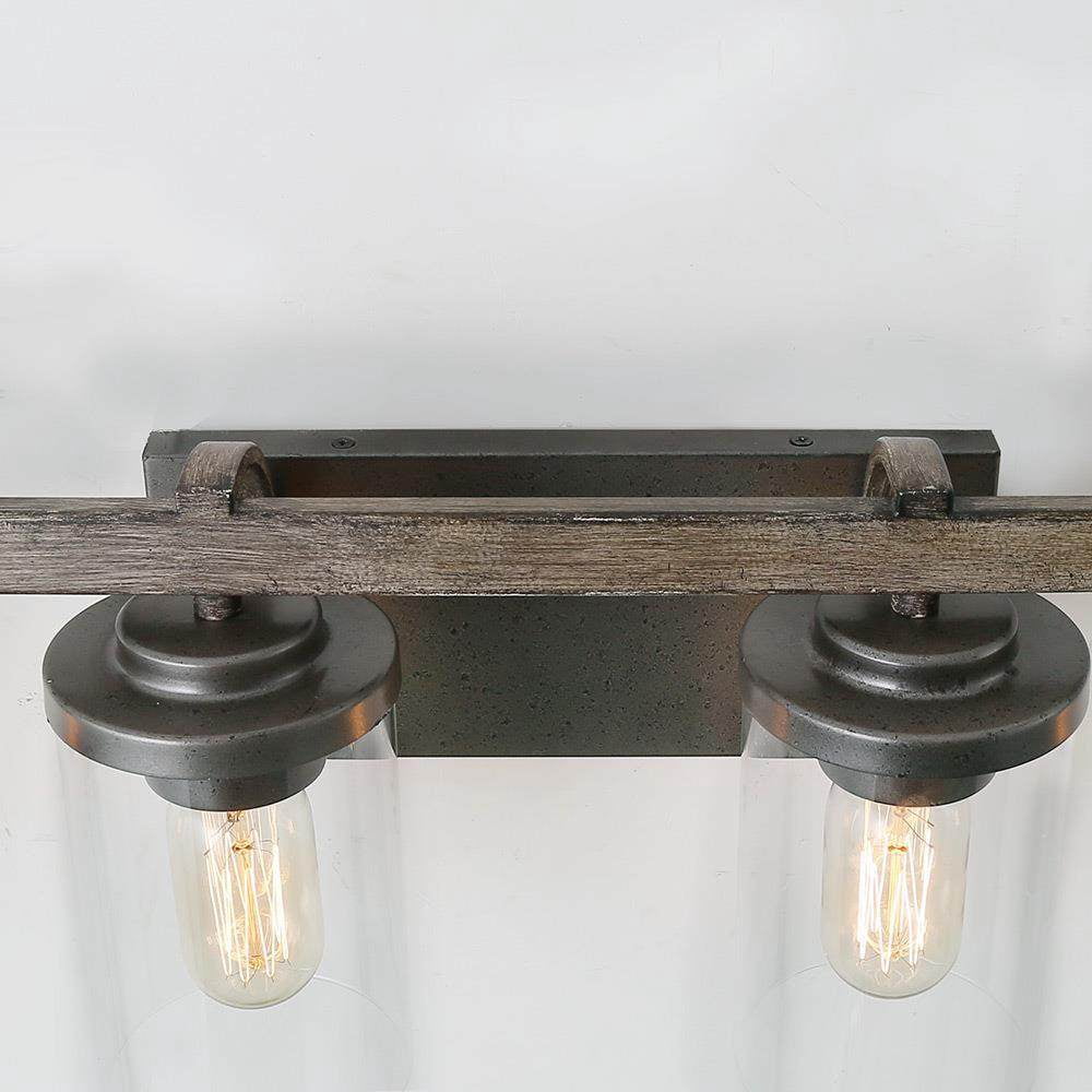 LNC 4-Light Black Cylinder Clear Glass Modern Farmhouse Wood Tone Bathroom Vanity Light