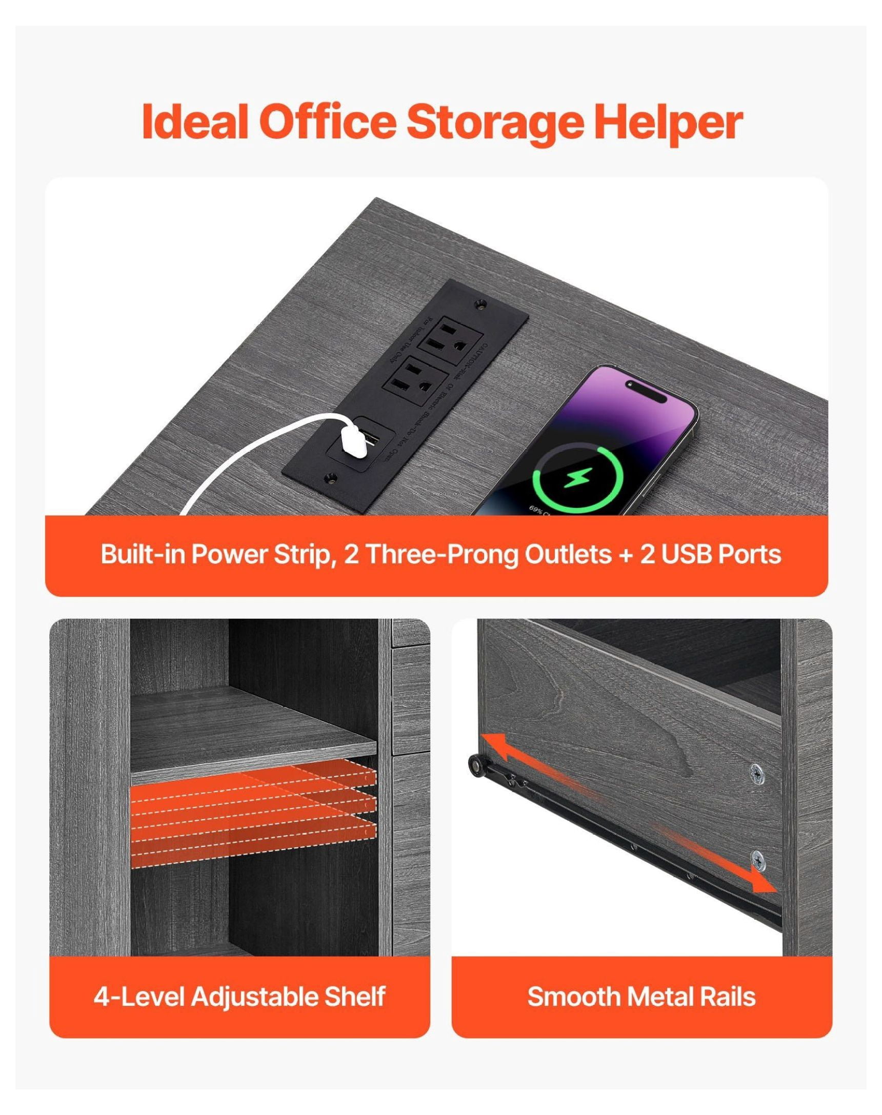 3 Drawer File Cabinet Mobile, Wooden Filing Cabinet with Power Strip - Gray Office Storage