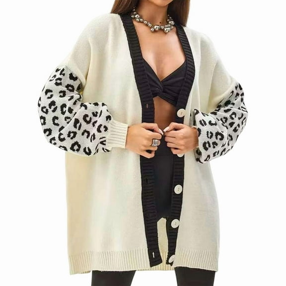 Women'S Long Sleeves Open Front Casual Leopard Print Knitted Sweater Cardigan Coat Outwear Milky XL