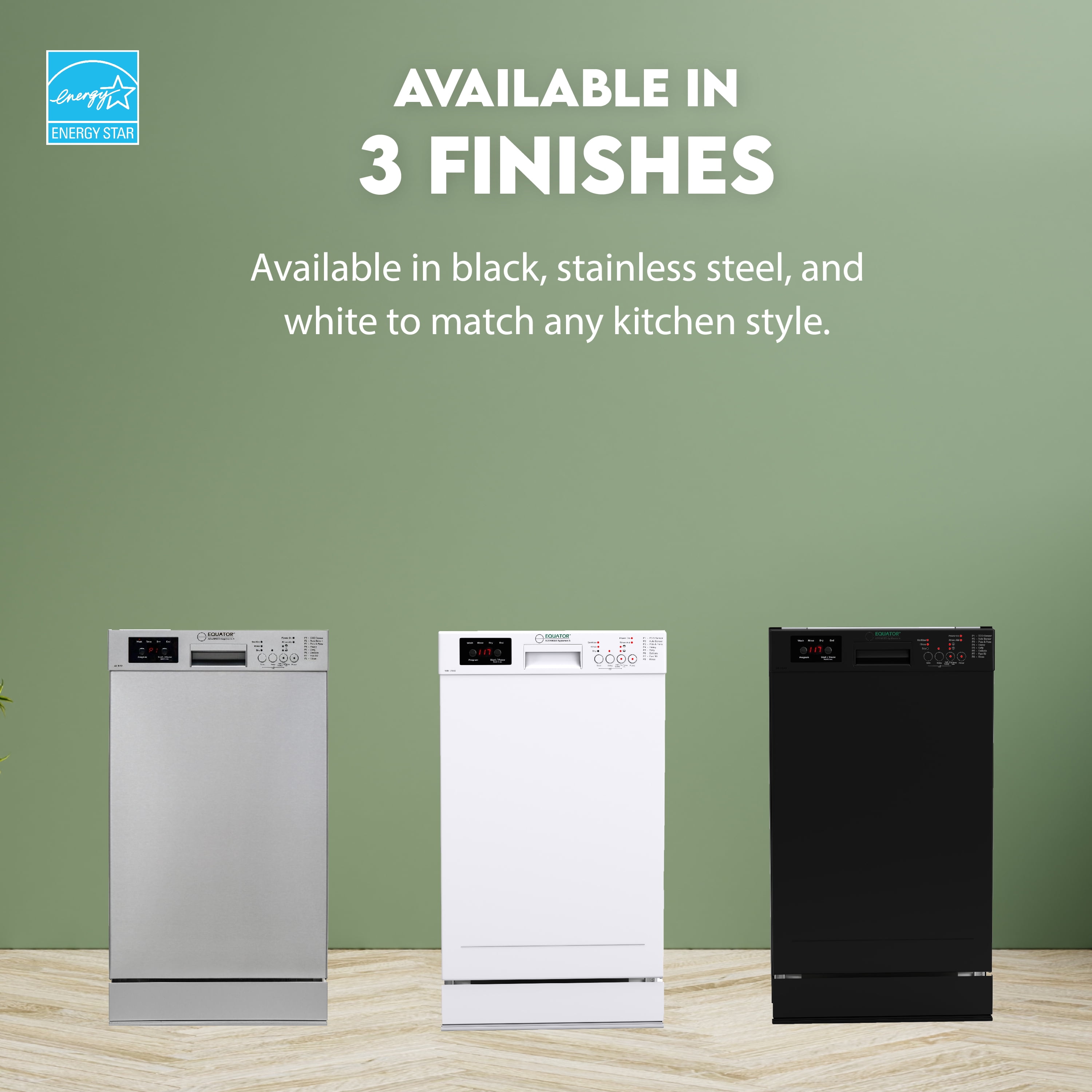 Equator 18" Front control Dishwasher Front control 10 place Wine Rack 8 Wash Sensor Wash Sanitize Delay1/2Load 110V E-Star ADA