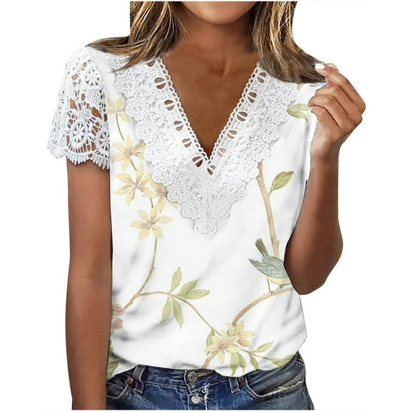 QENGING Summer Tops for Women 2023 Trendy Breathable Fold Printed Regular Short Sleeves V Neck Button Top