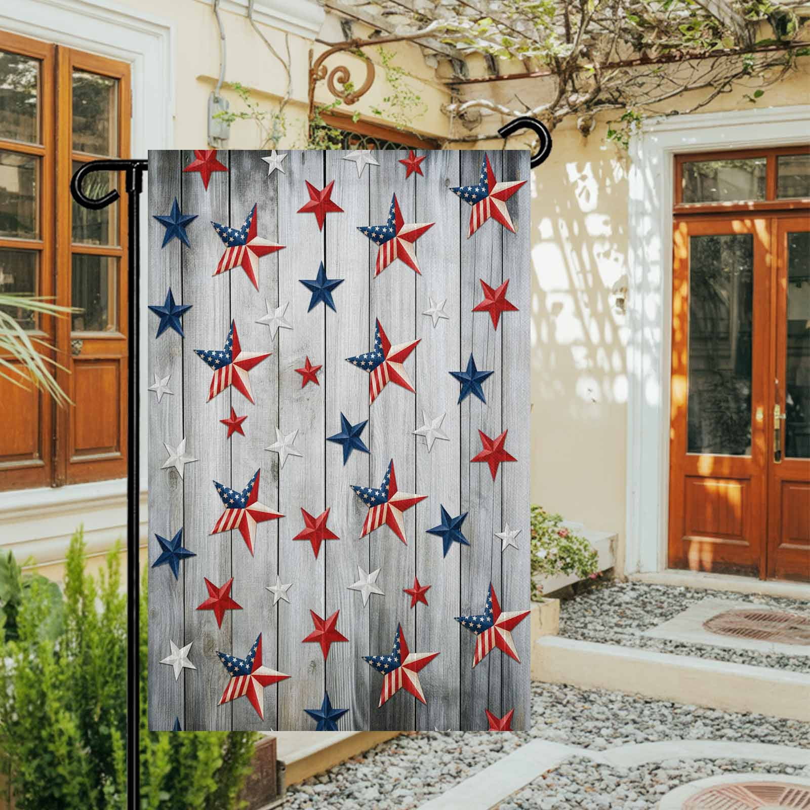 4th of July Garden Flags Patriotic Stars Stripes Garden Flag Double Sided Welcome Flag USA Flags Grey Wood Grain Independence Day Yard Flags for Outdoor Lawn Porch Memorial Day Decor 28x40 Inch