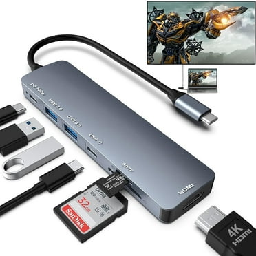 USB C Hub Multiport Adapter - 7 in 1 Portable Space Aluminum Dongle with 4K HDMI Output, 3 USB 3.0 Ports, SD/TF Card Reader Compatible for MacBook Pro, XPS More Type C Devices