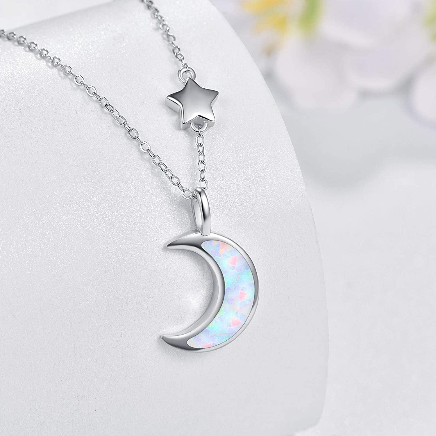 Opal Moon Necklace, 925 Sterling Silver 