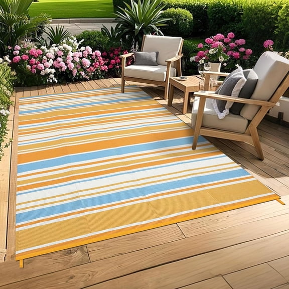 8x10 Outdoor Rug Reversible Geometric Striped Waterproof UV Resistant Non-Slip Patio Backyard Rug Orange Blue Yellow
