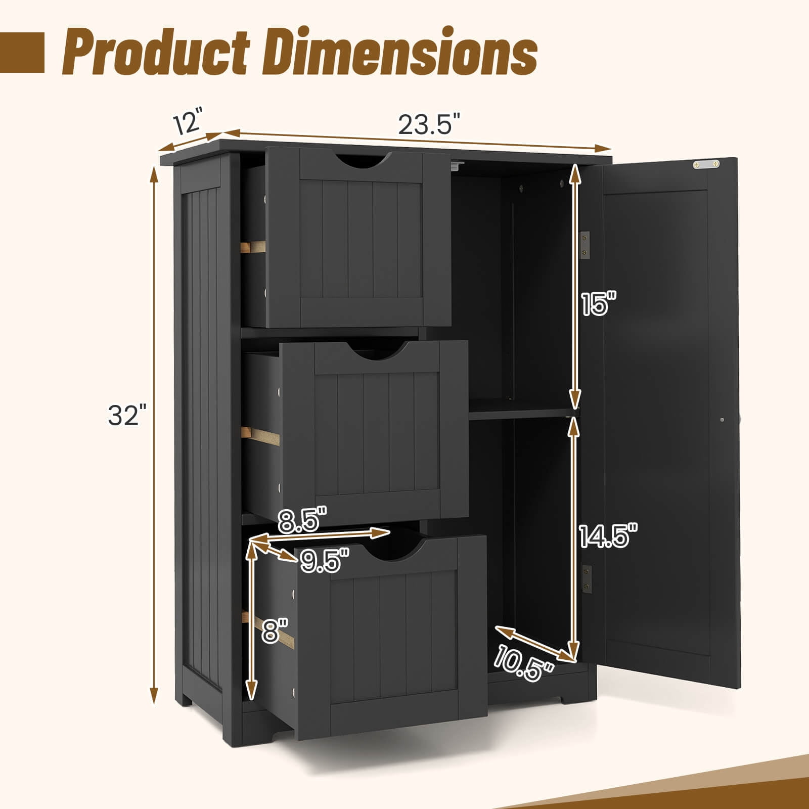 Costway Bathroom Floor Cabinet Side Storage Cabinet, Black, 12''
